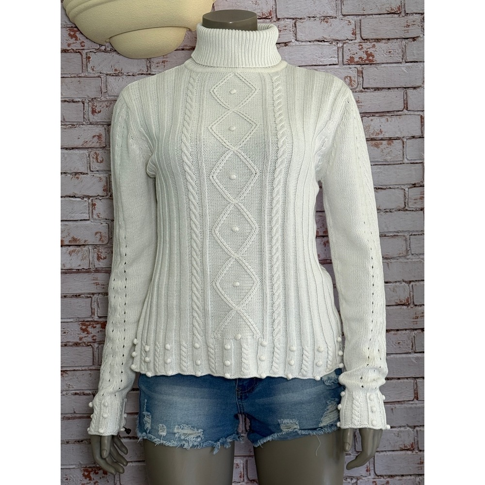 Vintage R.X.B Cream White Cable Knit Turtleneck Bobble Sweater Womens Large